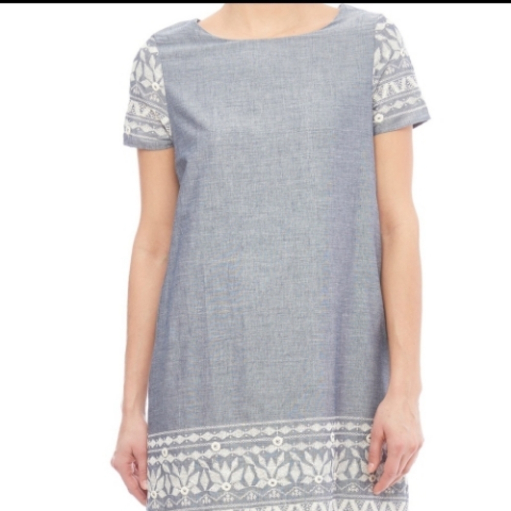 Esley Chambray & White Embroidered Shift Dress - Picture 2 of 8